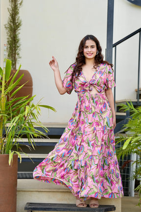 Tie front ruffle hem gold(foil) print featured maxi dress- Candyfloss Smisingbee