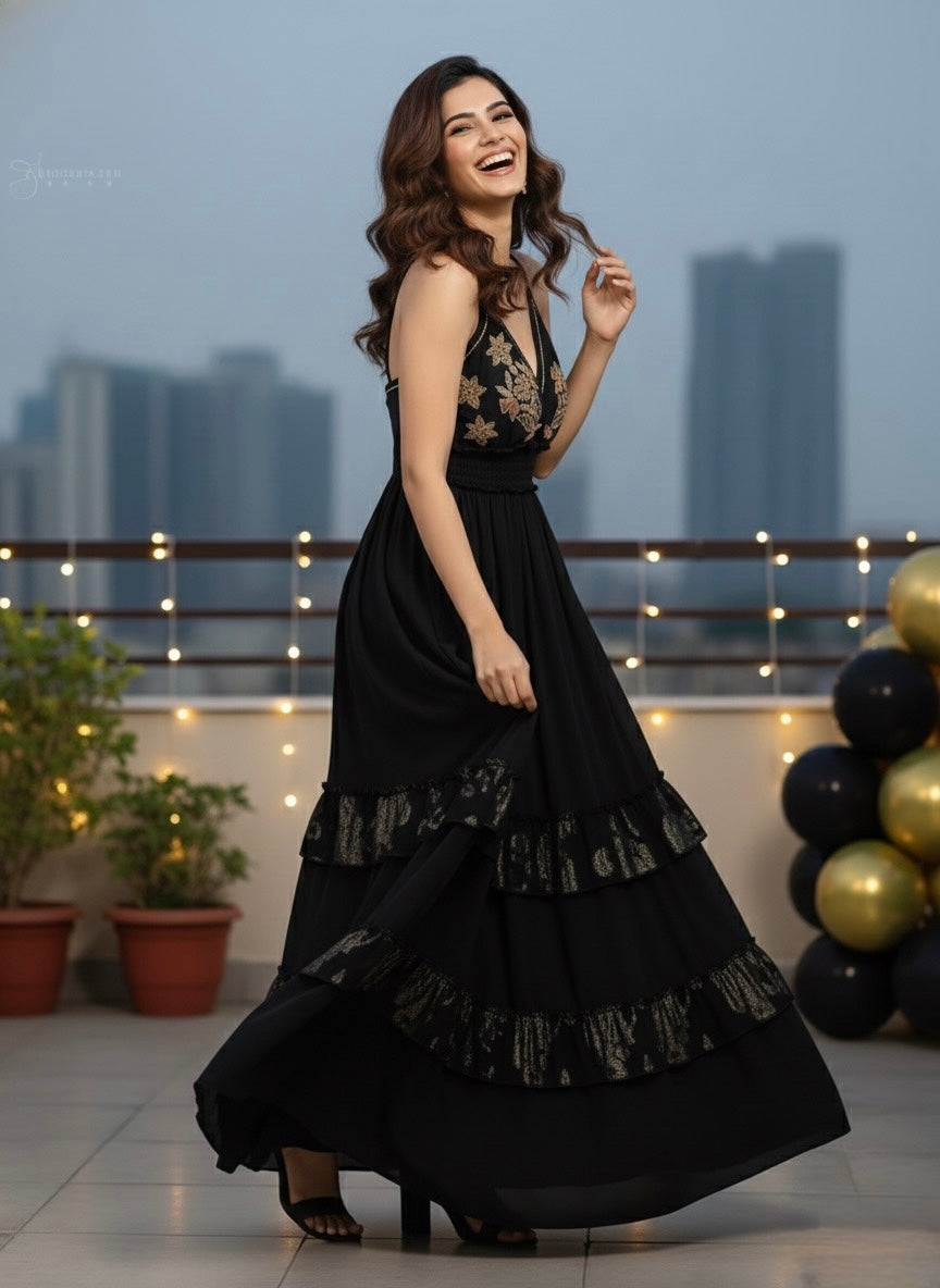 V Neck Embroidery Hand Work Boho Printed Maxi Dress- Noir Luxe