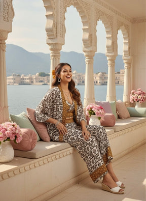 Boho Printed Bell Sleeves Kimono Coordinate Set - Shadow & Light