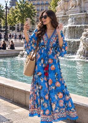 Kaftan Pattern Lurex Maxi Dress in    Lumière Blue