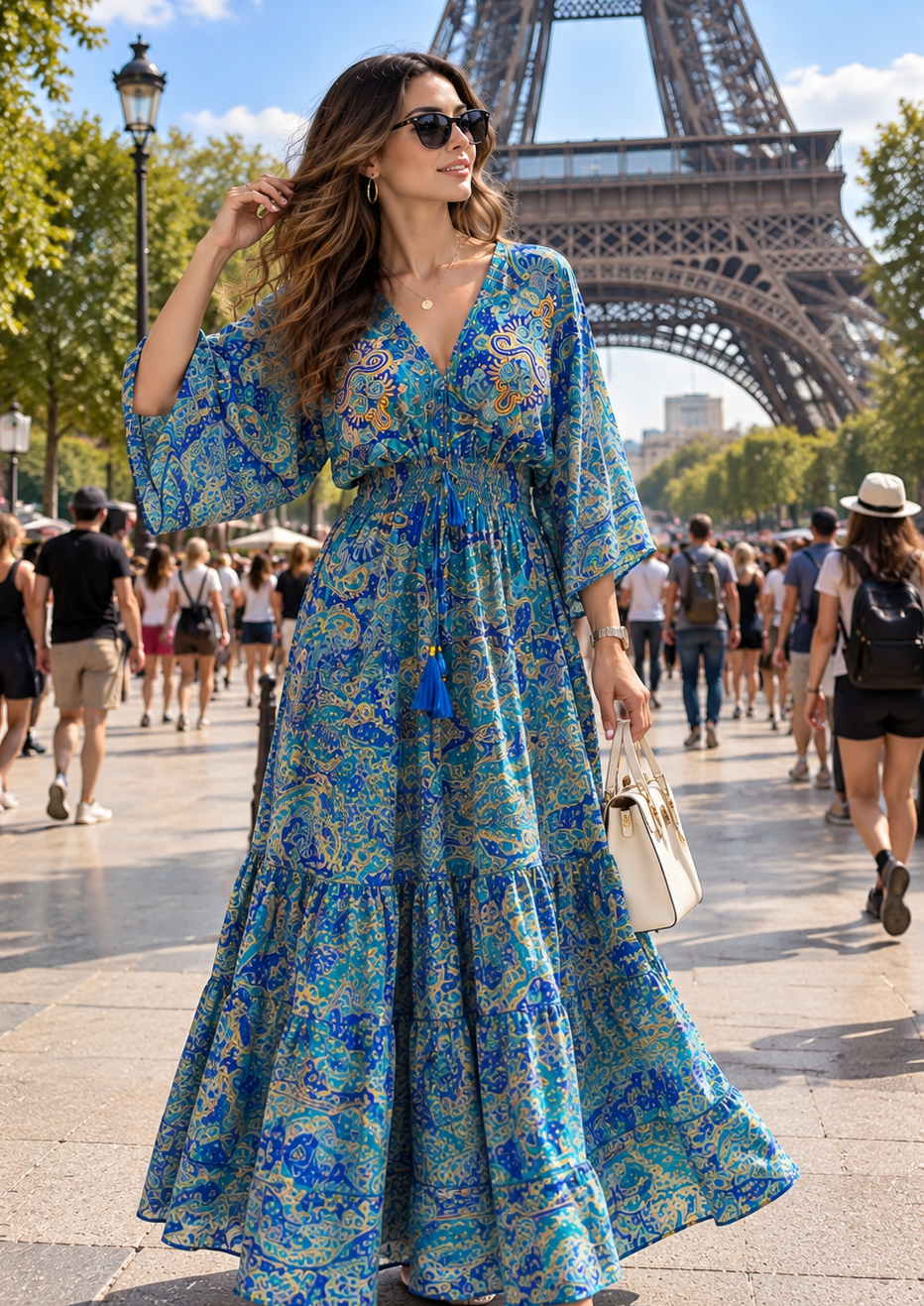 🌊Hand Work Embroidered Kaftan Boho Printed Maxi Dress in Riviera Azure