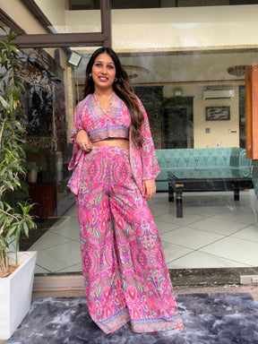 Boho Printed Bell Sleeves Kimono Coordinate Set - Rosy Blush