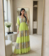 Embroidery Hand Work Bell Sleeves Front Boho Printed Maxi Dress -  Lime Blossom