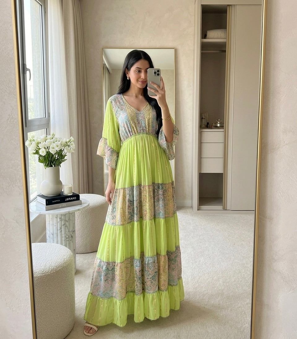 Embroidery Hand Work Bell Sleeves Front Boho Printed Maxi Dress -  Lime Blossom
