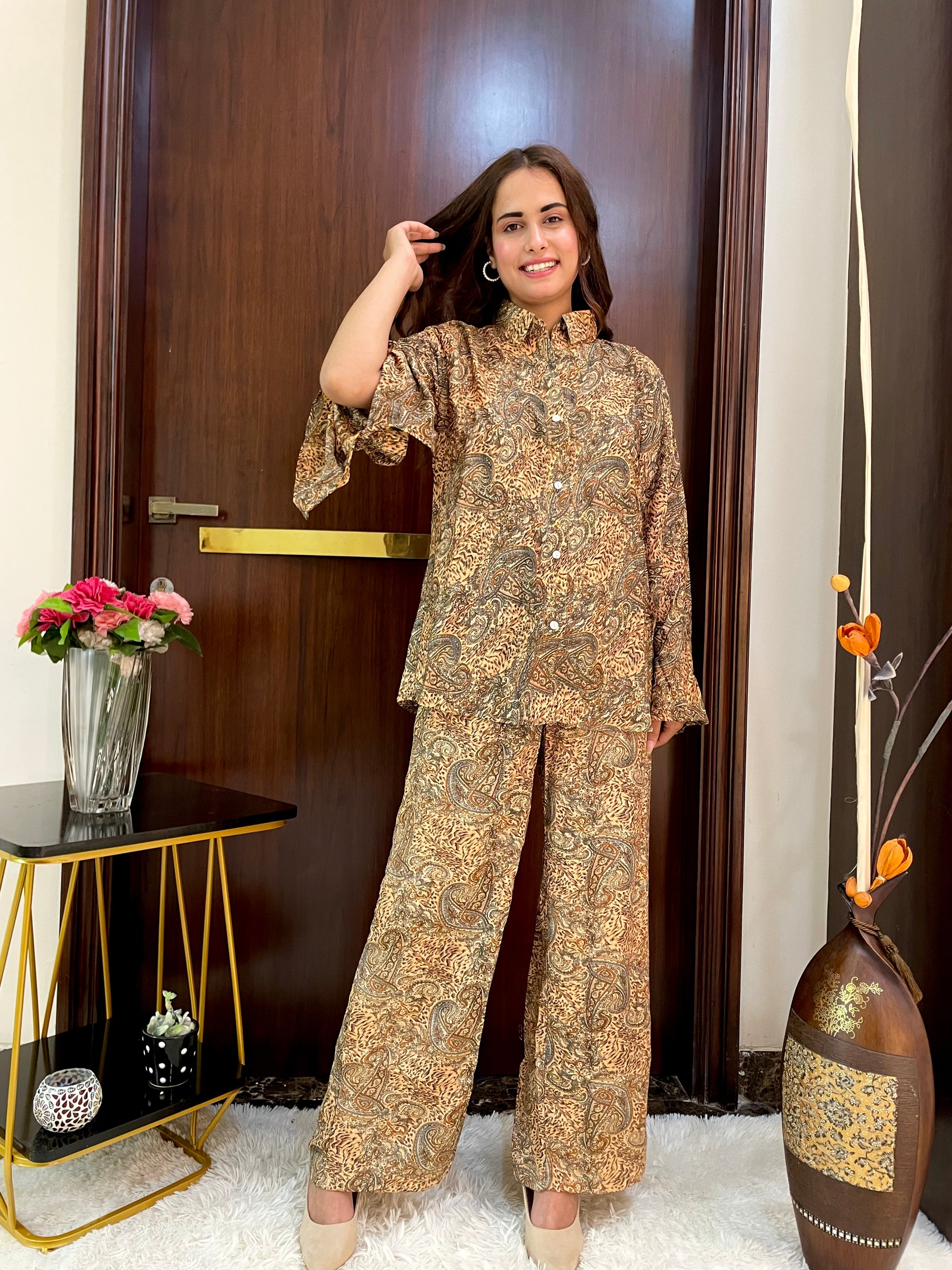 Boho Printed Bell Sleeves Coordinate Set  - Natural Spice Palette ( Two - Piece)