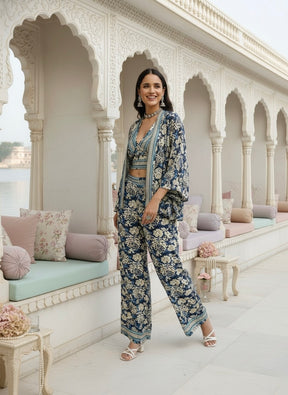 Boho Printed Bell Sleeves Kimono Coordinate Set - Blue Mirage