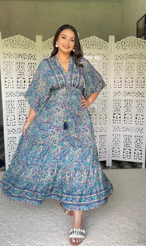 SmisingBee Curve Kaftan Pattern Boho Printed Maxi Dress - Oceanic Elegance