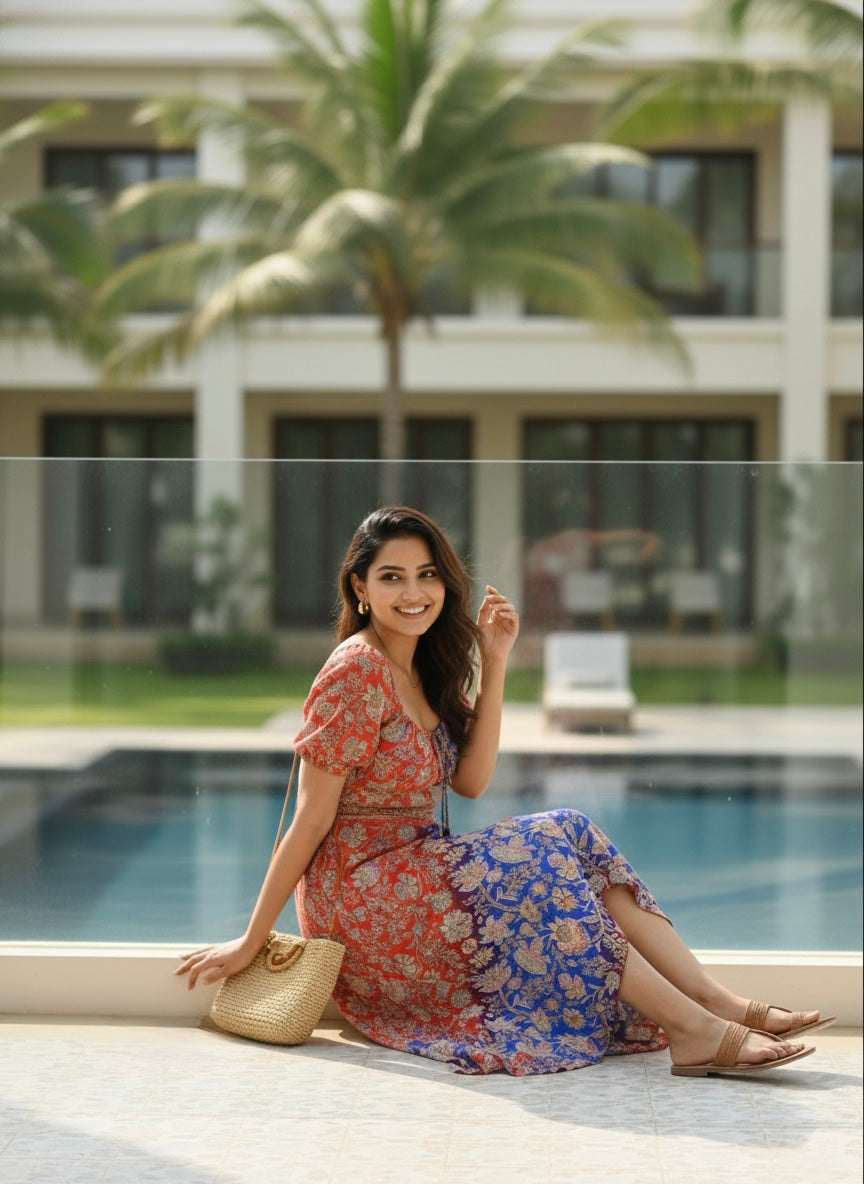 ⬆️Rising -Two- Shade Asymmetric Boho Printed Midi Dress