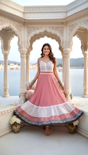 Peachy Petals Lace Featured Cotton Long Dress