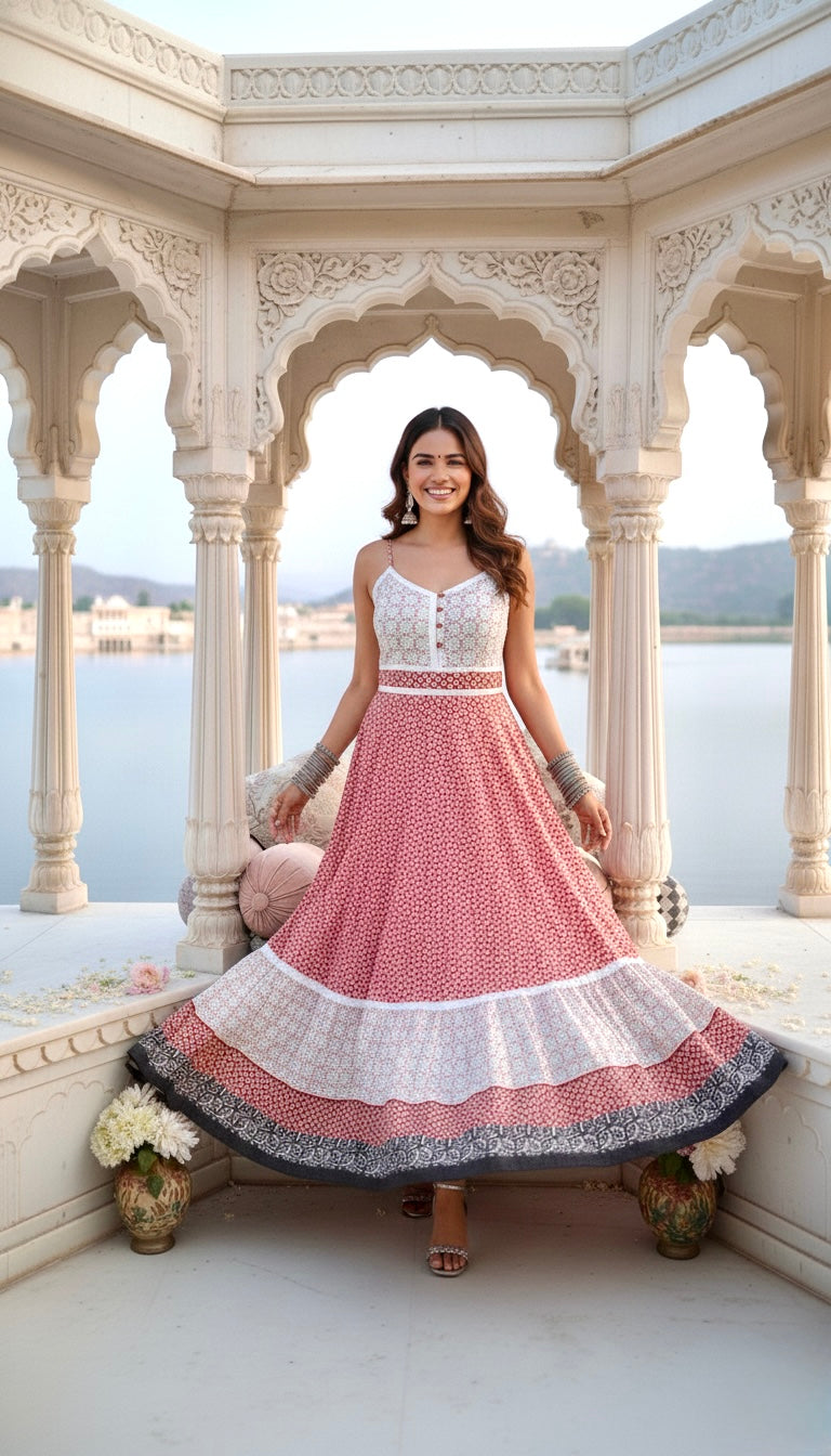 Peachy Petals Lace Featured Cotton Long Dress