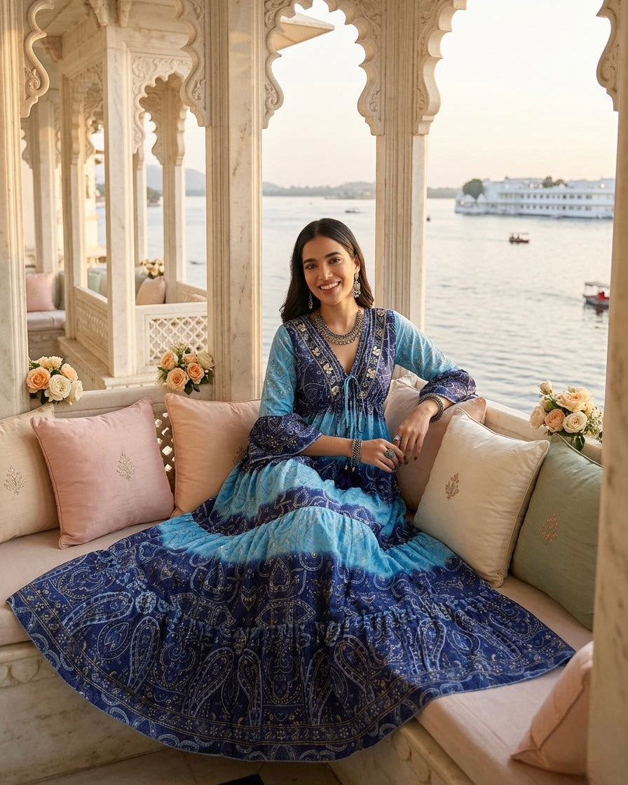 Embroidery Hand Work Bell Sleeves Front Boho Printed Maxi Dress -  Oceanic Charm