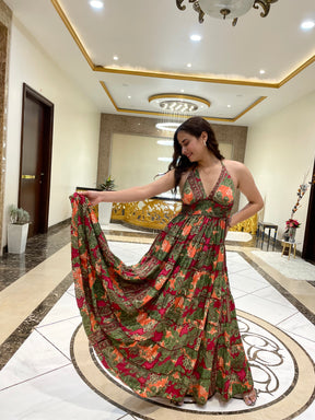 Halter Neck Multi Panel Boho printed Maxi Dress In Red and Green