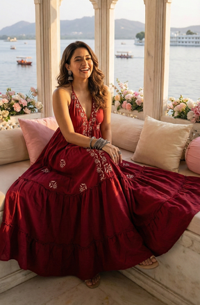 SmisingBee Tie Back Embroidered Maxi Dress