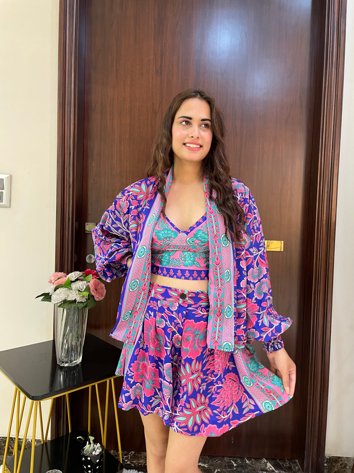 Puff Sleeves Kimono and Shorts Coordinate Set (3 Piece)- Royal Plum