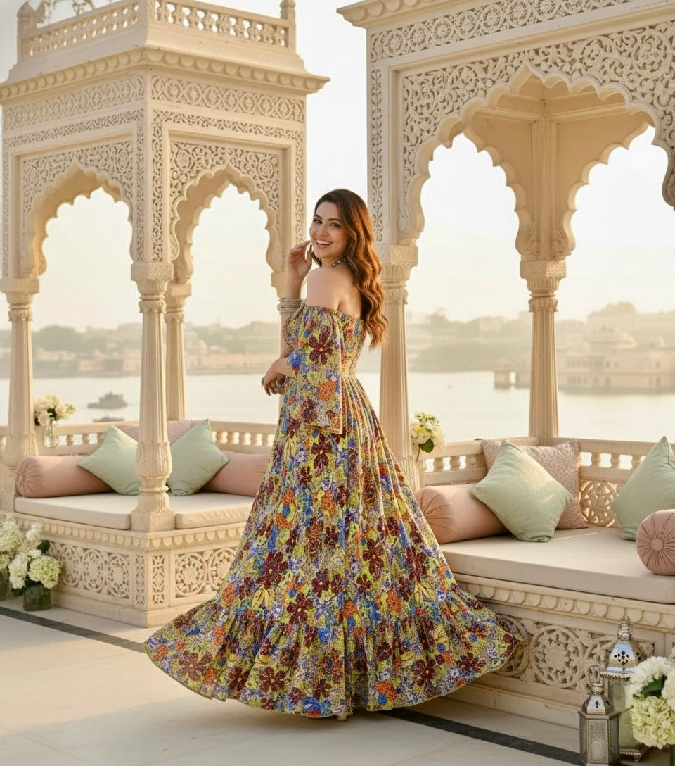 Bare-Shoulder Beauty Dress - Emerald Flora