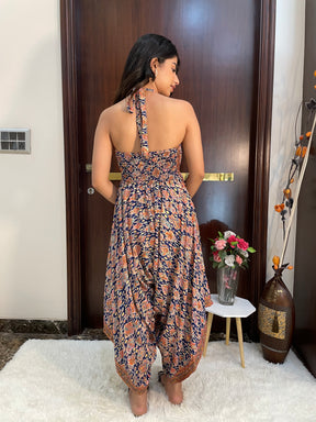 Backless Boho Printed Jumpsuit- Blue