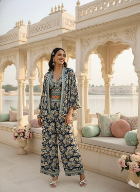 Boho Printed Bell Sleeves Kimono Coordinate Set - Blue Mirage