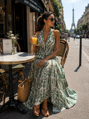 Halter Neck Multi Panel Boho printed Maxi Dress in Sage Serenity