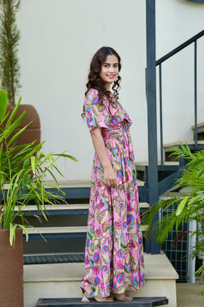 Tie front ruffle hem gold(foil) print featured maxi dress- Candyfloss Smisingbee