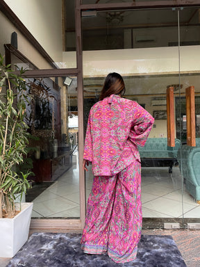 Boho Printed Bell Sleeves Kimono Coordinate Set - Rosy Blush