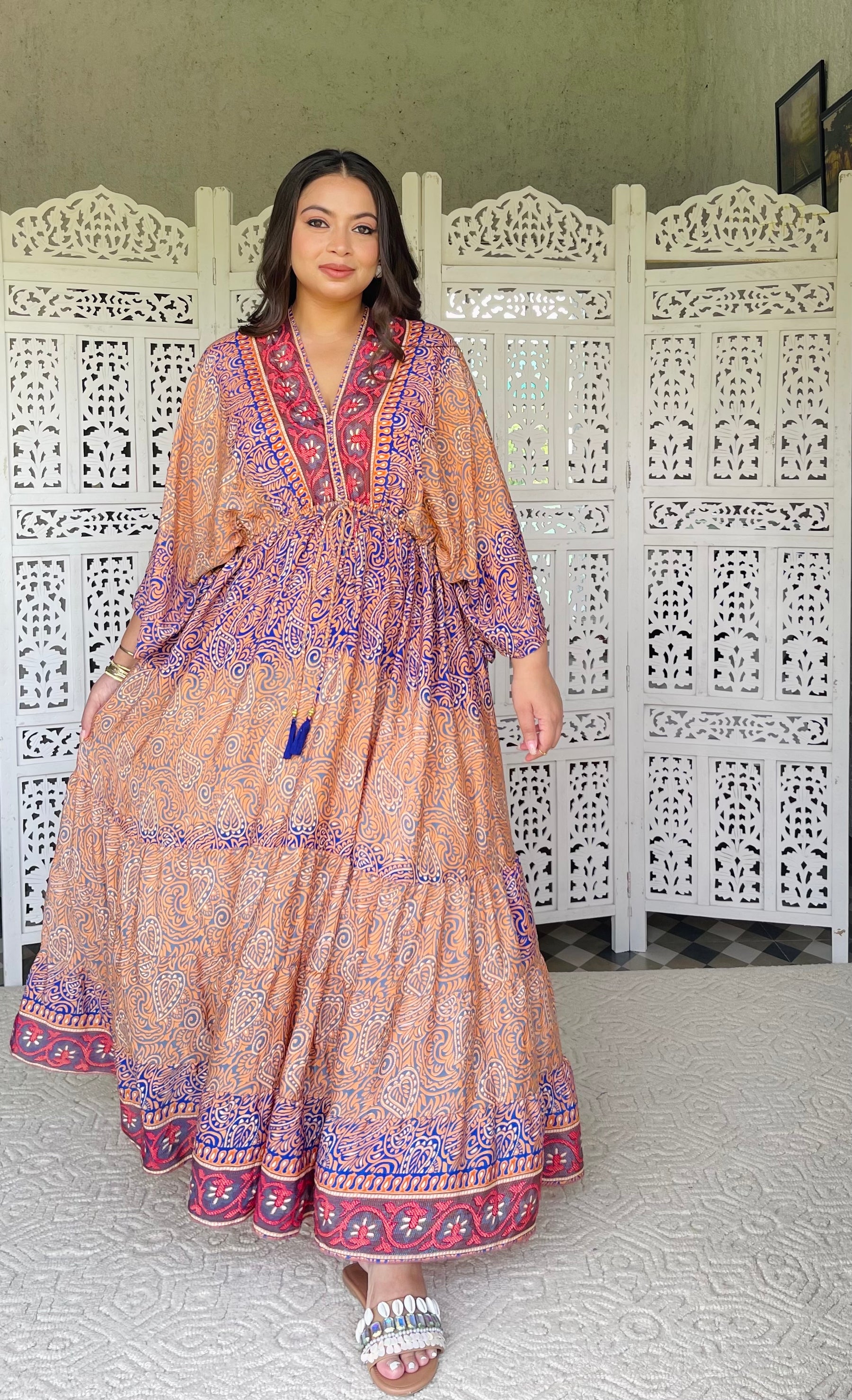 SmisingBee Curve Kaftan Pattern Boho Printed Maxi Dress - Tropical Twilight