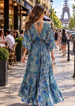 🌊Hand Work Embroidered Kaftan Boho Printed Maxi Dress in Riviera Azure