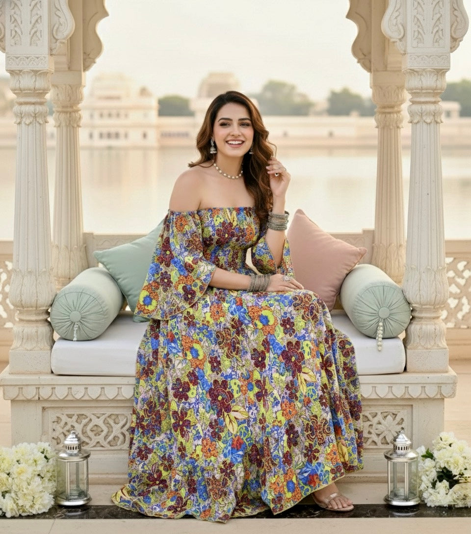 Bare-Shoulder Beauty Dress - Emerald Flora