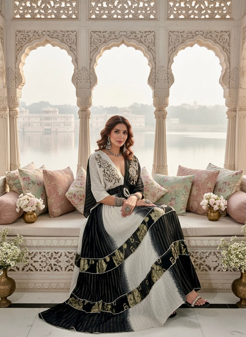 Two Shade Hand Embroidered Kaftan Maxi Dress - Black