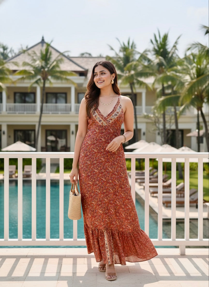 Tie Back Straight Fit Deep V Neck Maxi Dress - Smisingbee