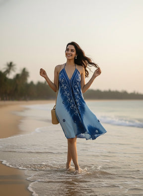 Embroidery work Short Tie Back Backless Maxi Dress - Ocean Bloom