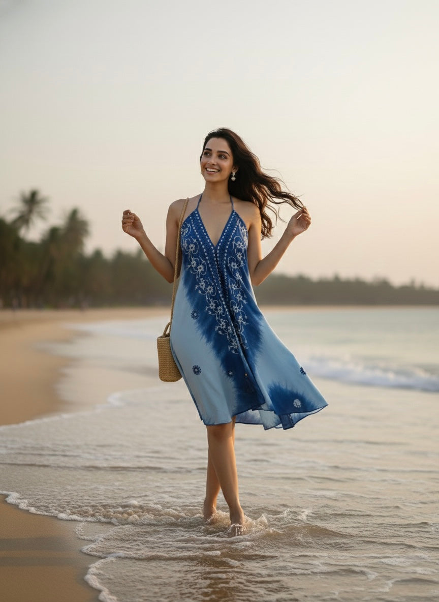 Embroidery work Short Tie Back Backless Maxi Dress - Ocean Bloom