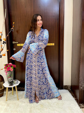 Collar pattern gold (foil) print featured boho long dress - Blue