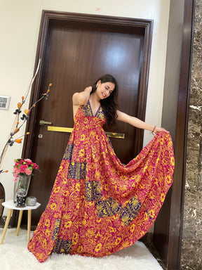 Halter Neck Multi Panel Boho printed Maxi Dress In Red and Blue