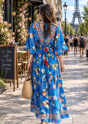 Kaftan Pattern Lurex Maxi Dress in    Lumière Blue