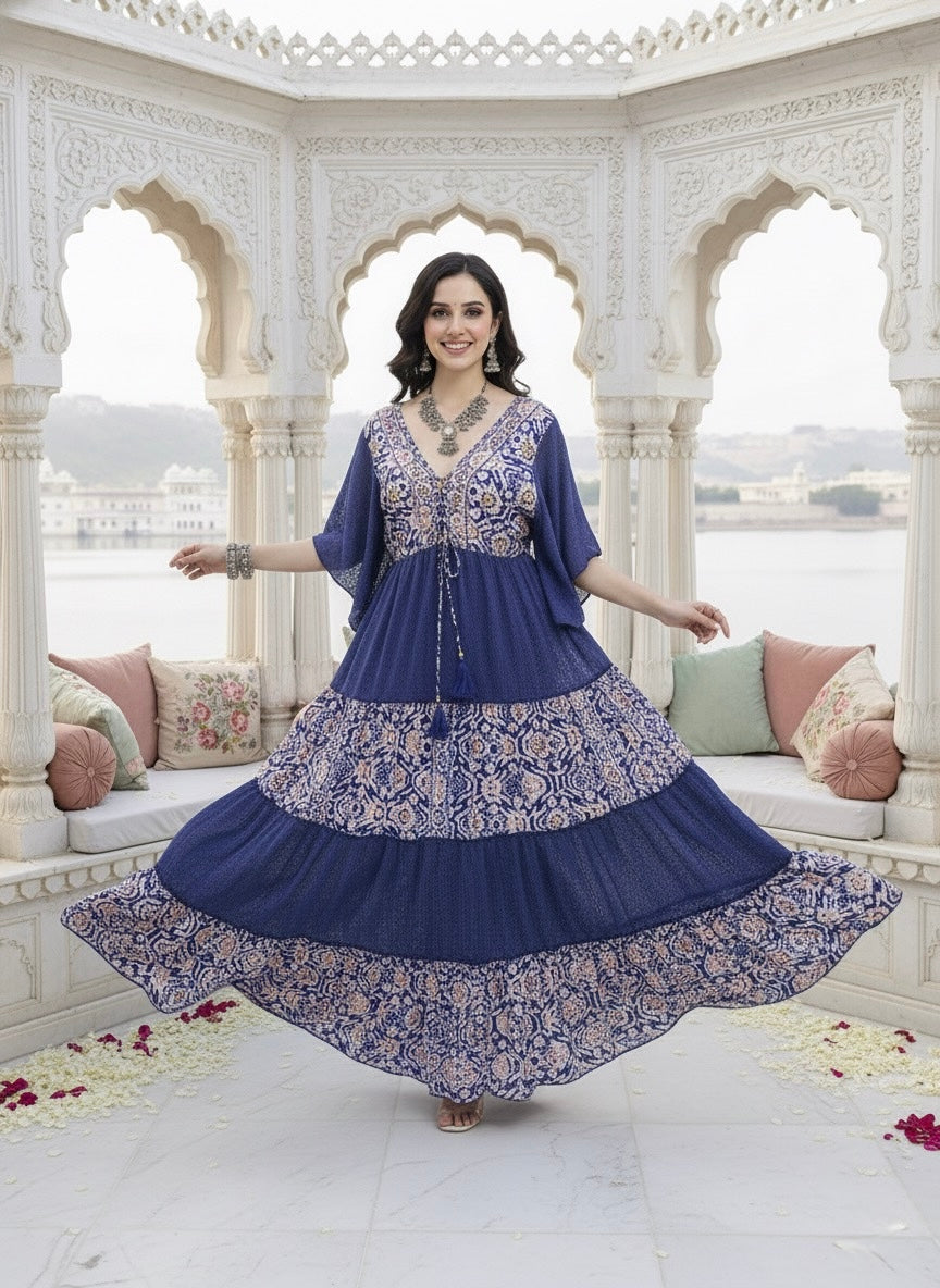 Boho Printed Embroidery Hand Work Butterfly sleeves maxi dress in Boheme Royale