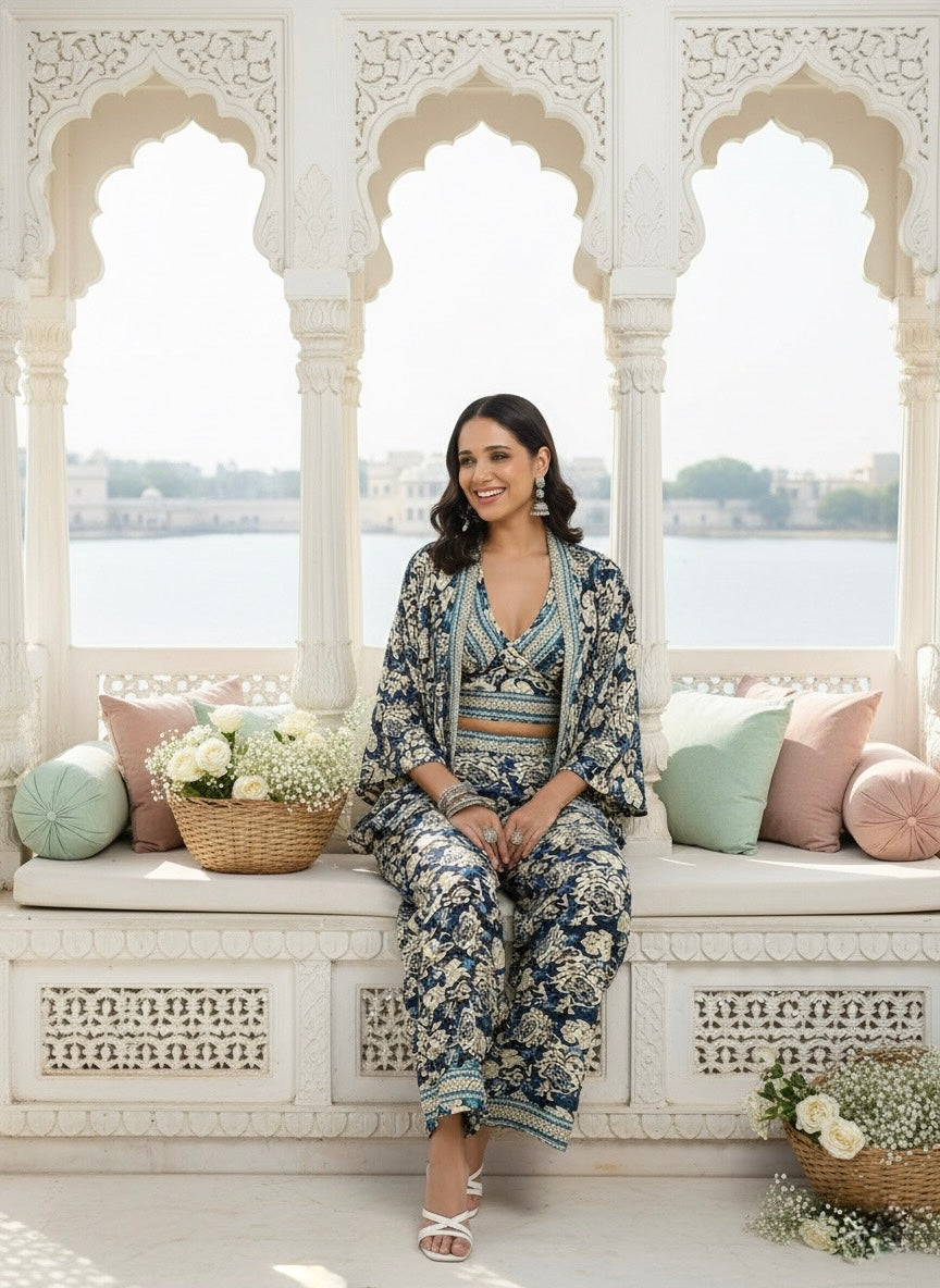 Boho Printed Bell Sleeves Kimono Coordinate Set - Blue Mirage