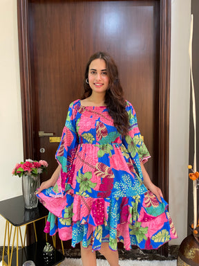 Elasticated Bust Bell Sleeves Boho Printed Short Dress - Blue
