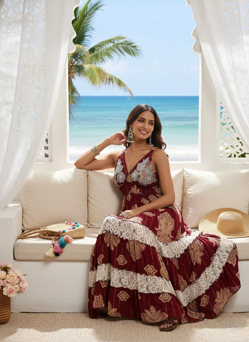 V Neck Embroidery Hand Work Boho Printed Maxi Dress- Crimson Whispers