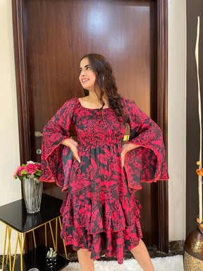 Elasticated Bust Bell Sleeves Boho Printed Short Dress - Red