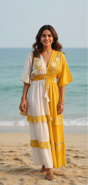 Two Shade Hand Embroidered Kaftan Maxi Dress - Yellow