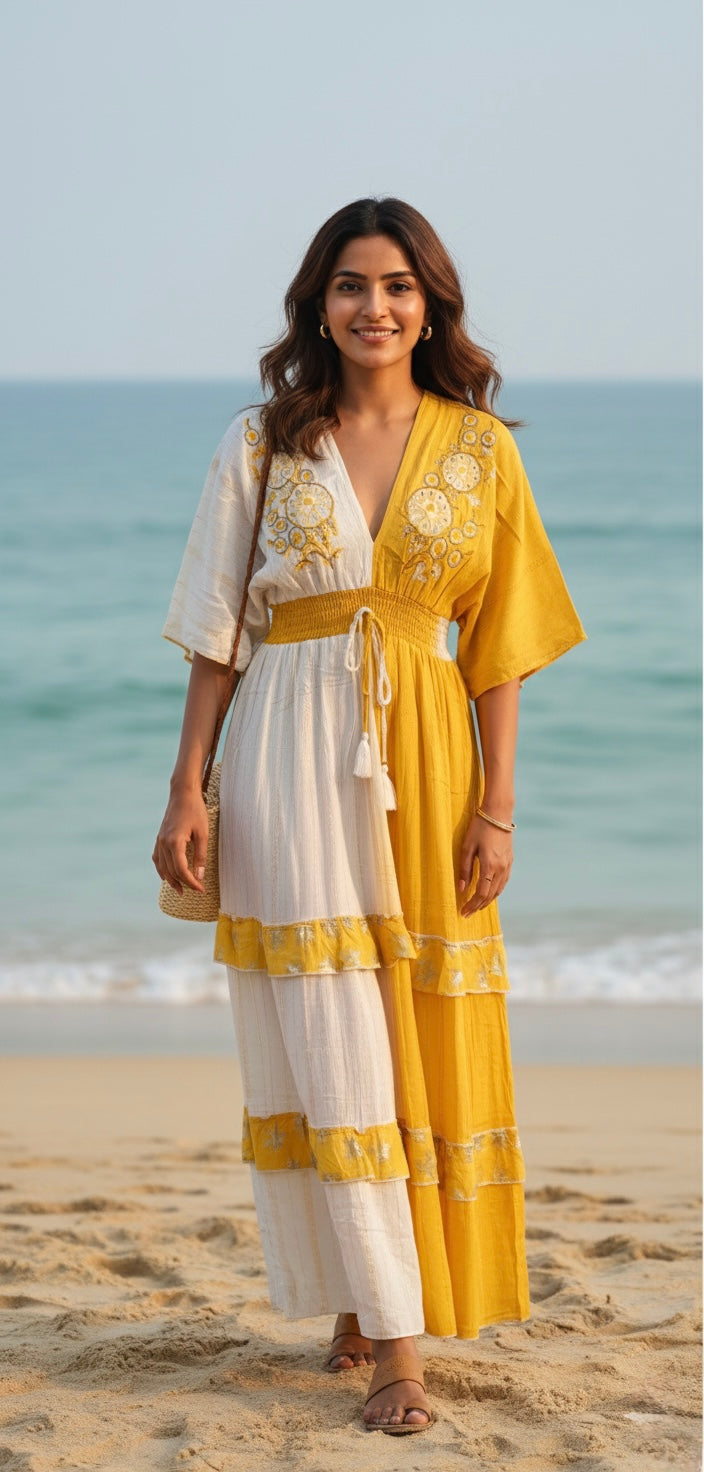 Two Shade Hand Embroidered Kaftan Maxi Dress - Yellow