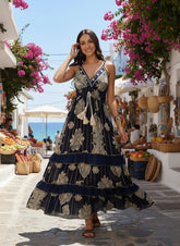 V Neck Embroidery Hand Work Boho Printed Maxi Dress- Midnight Royale