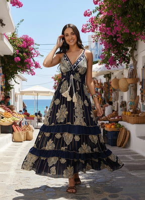 V Neck Embroidery Hand Work Boho Printed Maxi Dress- Midnight Royale