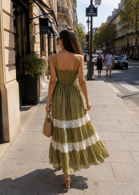 V Neck Embroidery Hand Work Boho Printed Maxi Dress- Olive Élan Maxi ✨