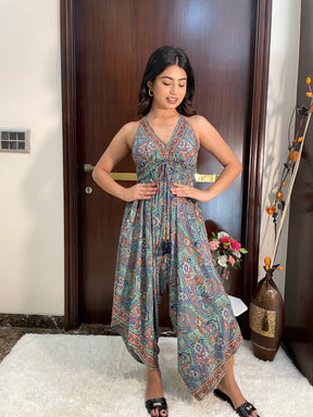 Backless Boho Printed Jumpsuit- Green