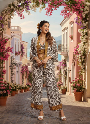 Boho Printed Bell Sleeves Kimono Coordinate Set - Shadow & Light