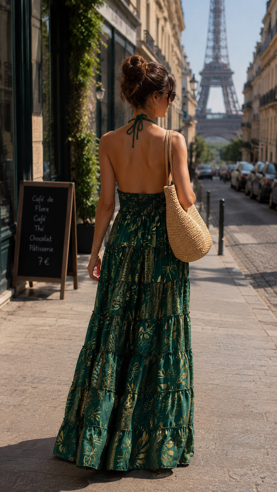 Halter Neck Hand Work Multi Panel Boho printed Maxi Dress In Emerald Reverie