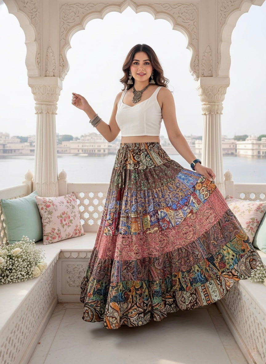 🔥Trending - Multi Panel Boho Printed  Long Skirt - Chromatic Nightfall