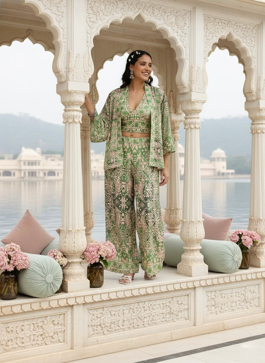 Boho Printed Bell Sleeves Kimono Coordinate Set - Mint Mirage