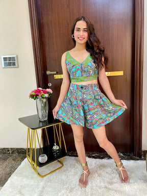 Puff Sleeves Kimono and Shorts Coordinate Set (3 Piece)- Tropical Teal
